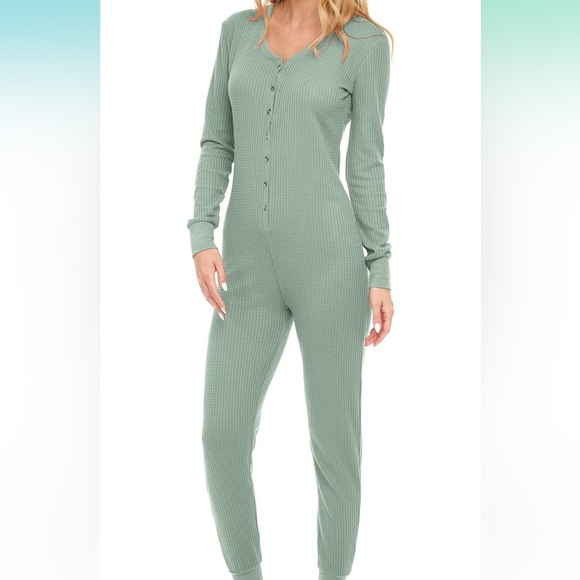Alexander Del Rossa Soft Ribbed Waffle Knit Pajamas, Onesie, Romper in Sage - Picture 1 of 9